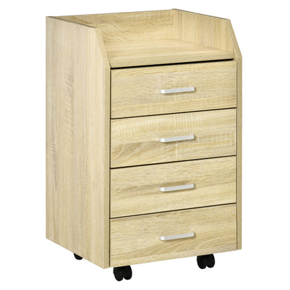 Office Drawer Unit File Cabinet with 4 Drawers Top Storage Shelf 4 Wheels and 2 Brakes for Study Office 40x36x65 cm Natural Wood