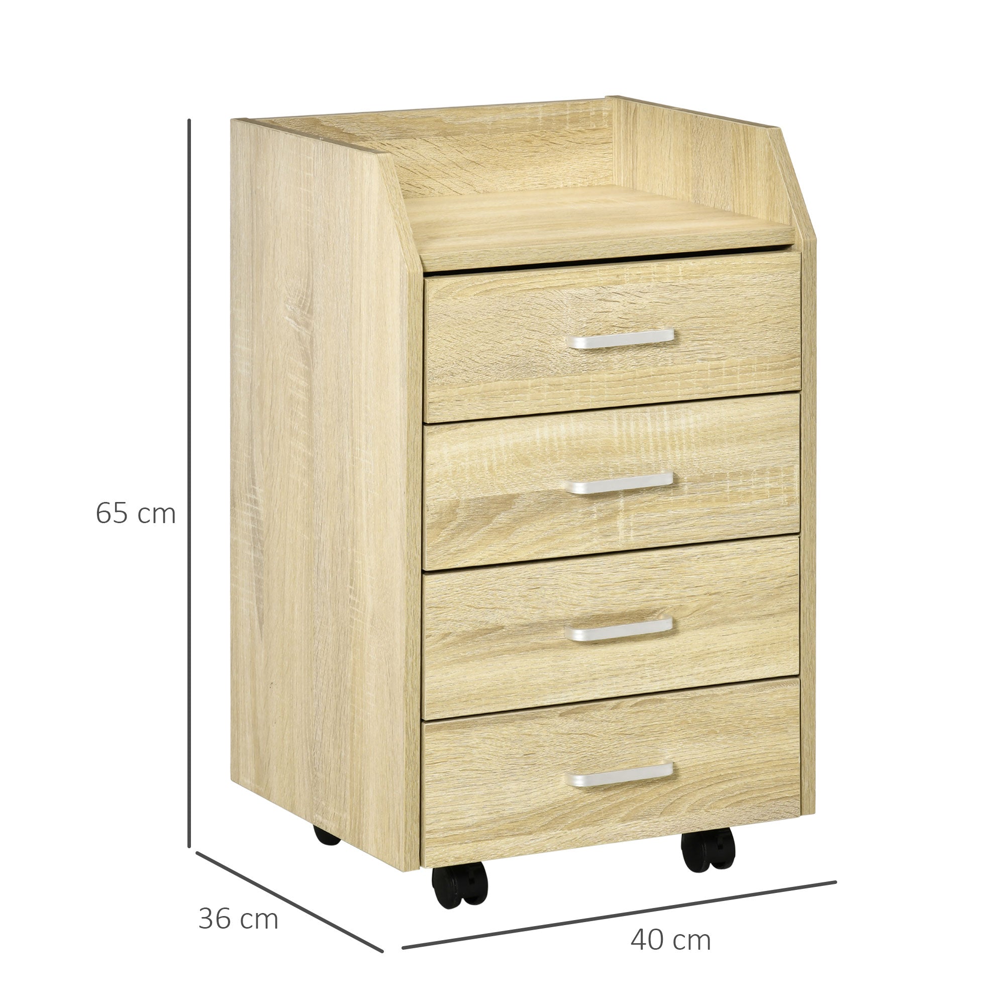 Office Drawer Unit File Cabinet with 4 Drawers Top Storage Shelf 4 Wheels and 2 Brakes for Study Office 40x36x65 cm Natural Wood