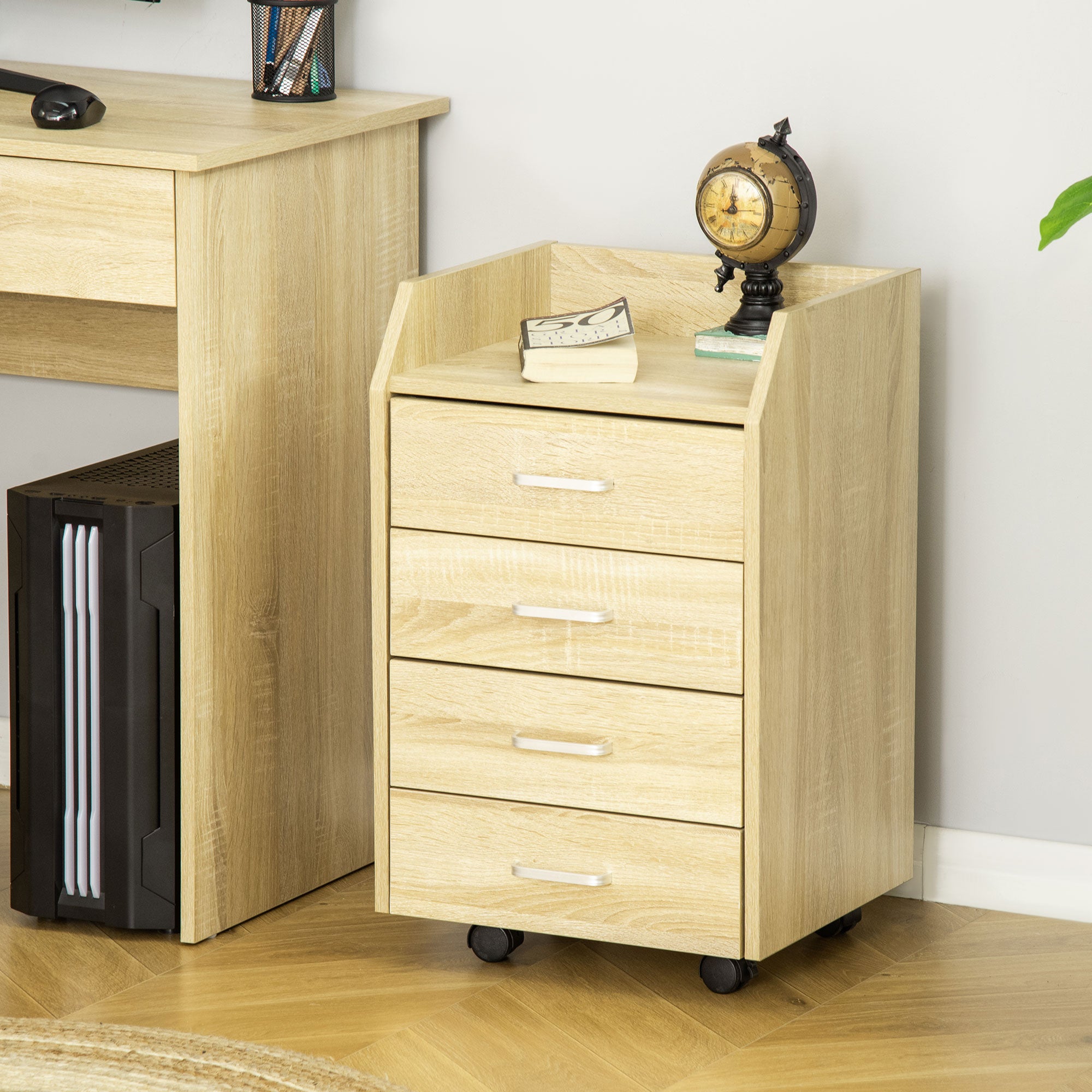Office Drawer Unit File Cabinet with 4 Drawers Top Storage Shelf 4 Wheels and 2 Brakes for Study Office 40x36x65 cm Natural Wood