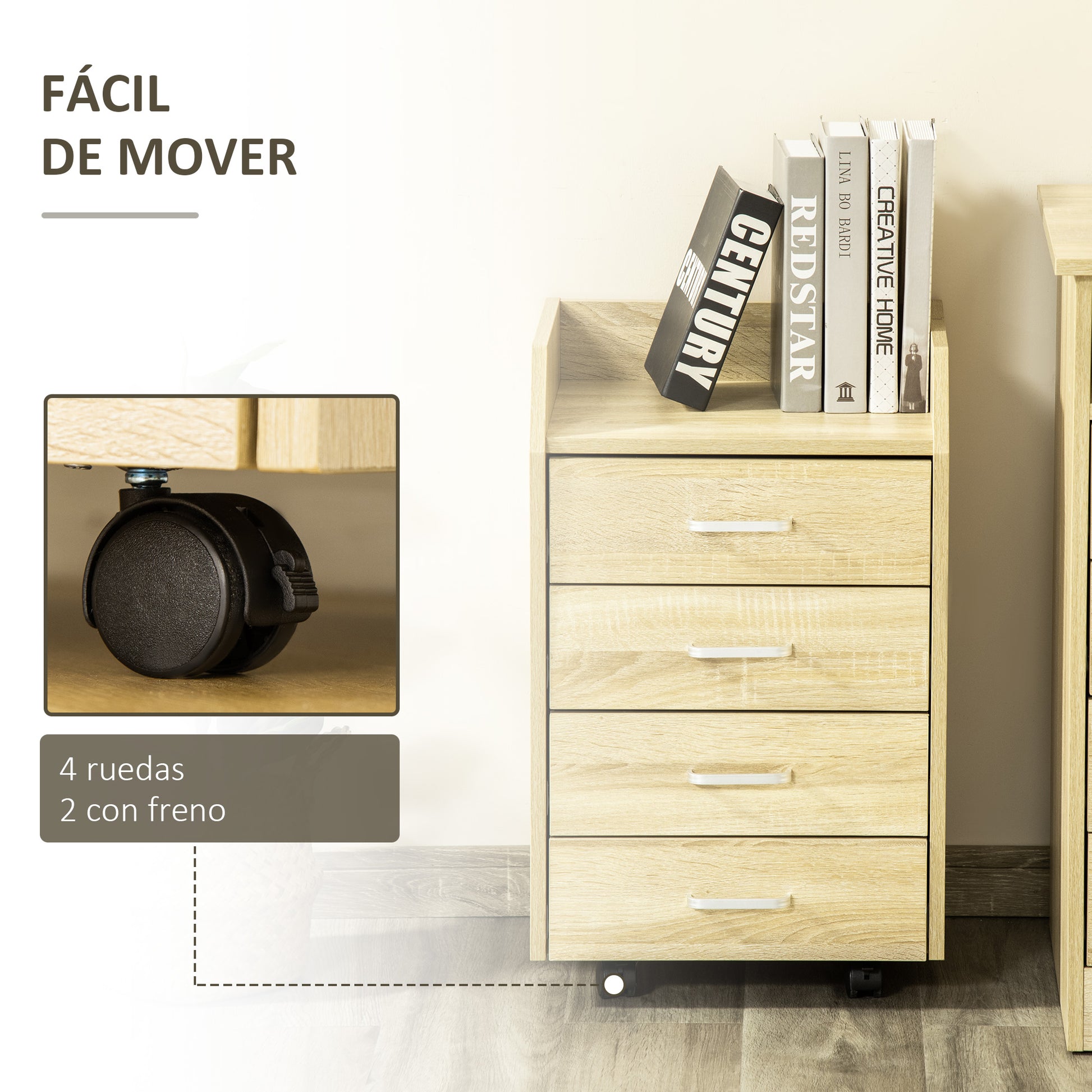 Office Drawer Unit File Cabinet with 4 Drawers Top Storage Shelf 4 Wheels and 2 Brakes for Study Office 40x36x65 cm Natural Wood