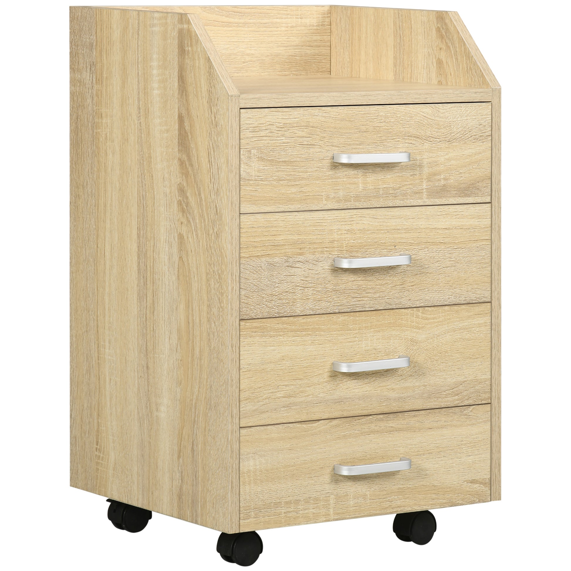 Office Drawer Unit File Cabinet with 4 Drawers Top Storage Shelf 4 Wheels and 2 Brakes for Study Office 40x36x65 cm Natural Wood
