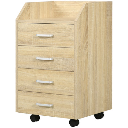 Office Drawer Unit File Cabinet with 4 Drawers Top Storage Shelf 4 Wheels and 2 Brakes for Study Office 40x36x65 cm Natural Wood