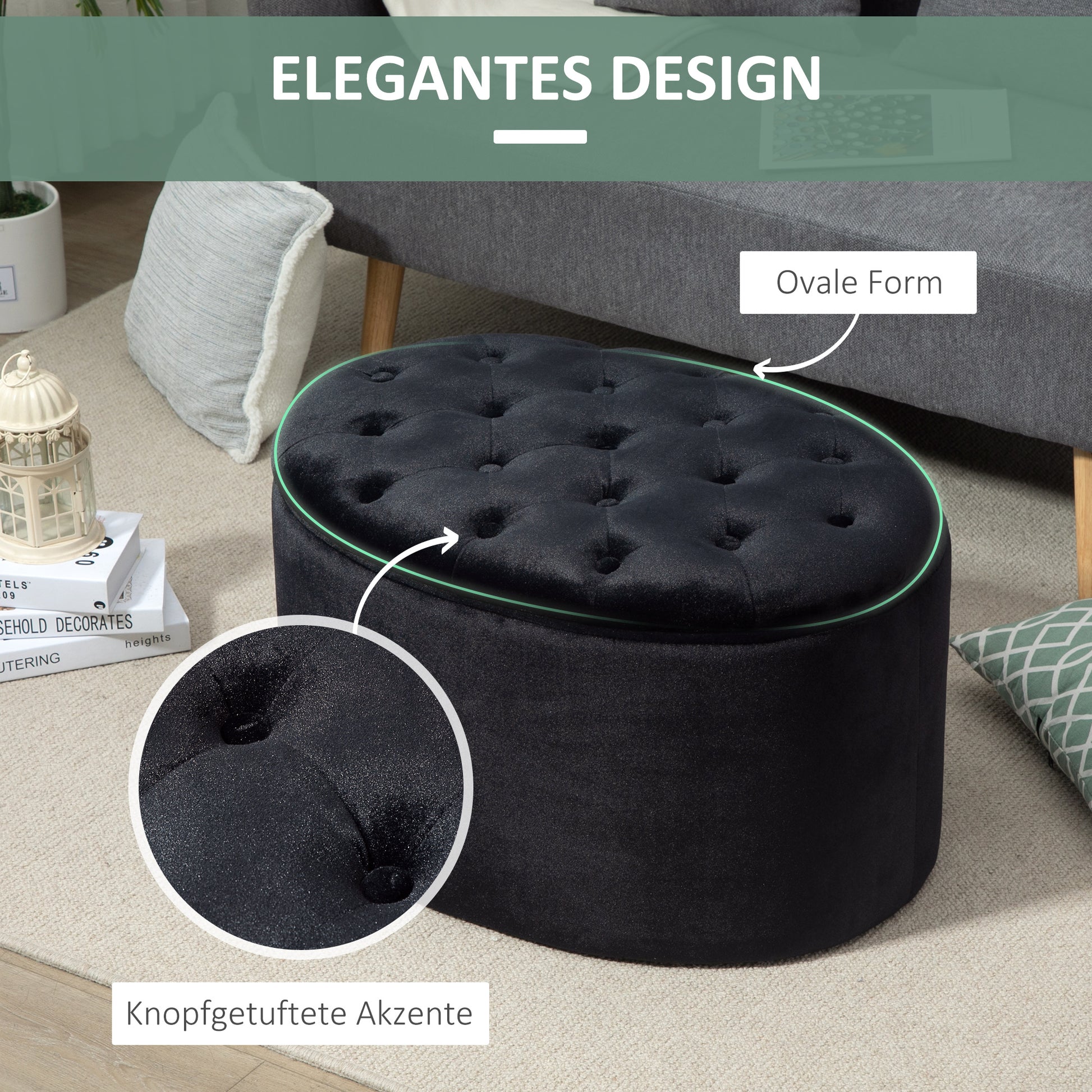 Storage Ottoman Bench with Velvet Upholstery, Oval Shape, Storage Chest for Living Room Bedroom Entryway 71 x 52 x 42 cm, Black