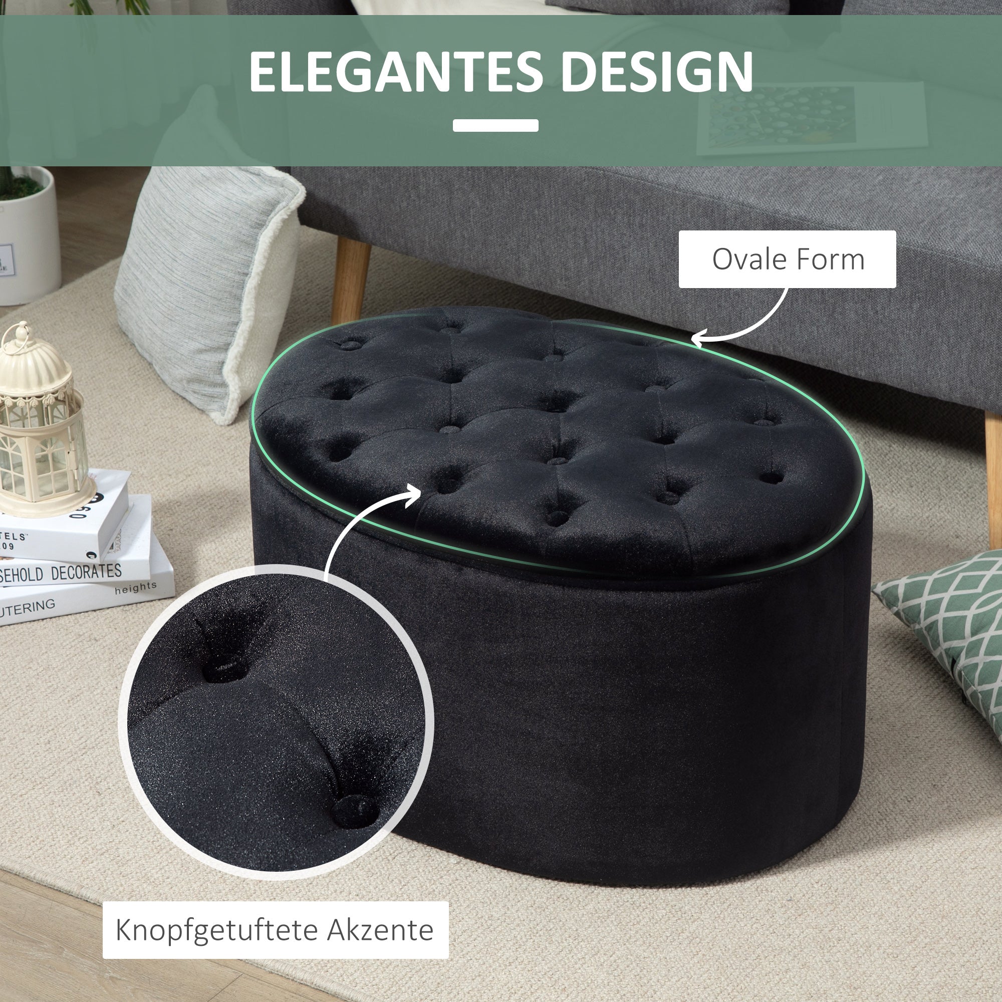 Storage Ottoman Bench with Velvet Upholstery, Oval Shape, Storage Chest for Living Room Bedroom Entryway 71 x 52 x 42 cm, Black