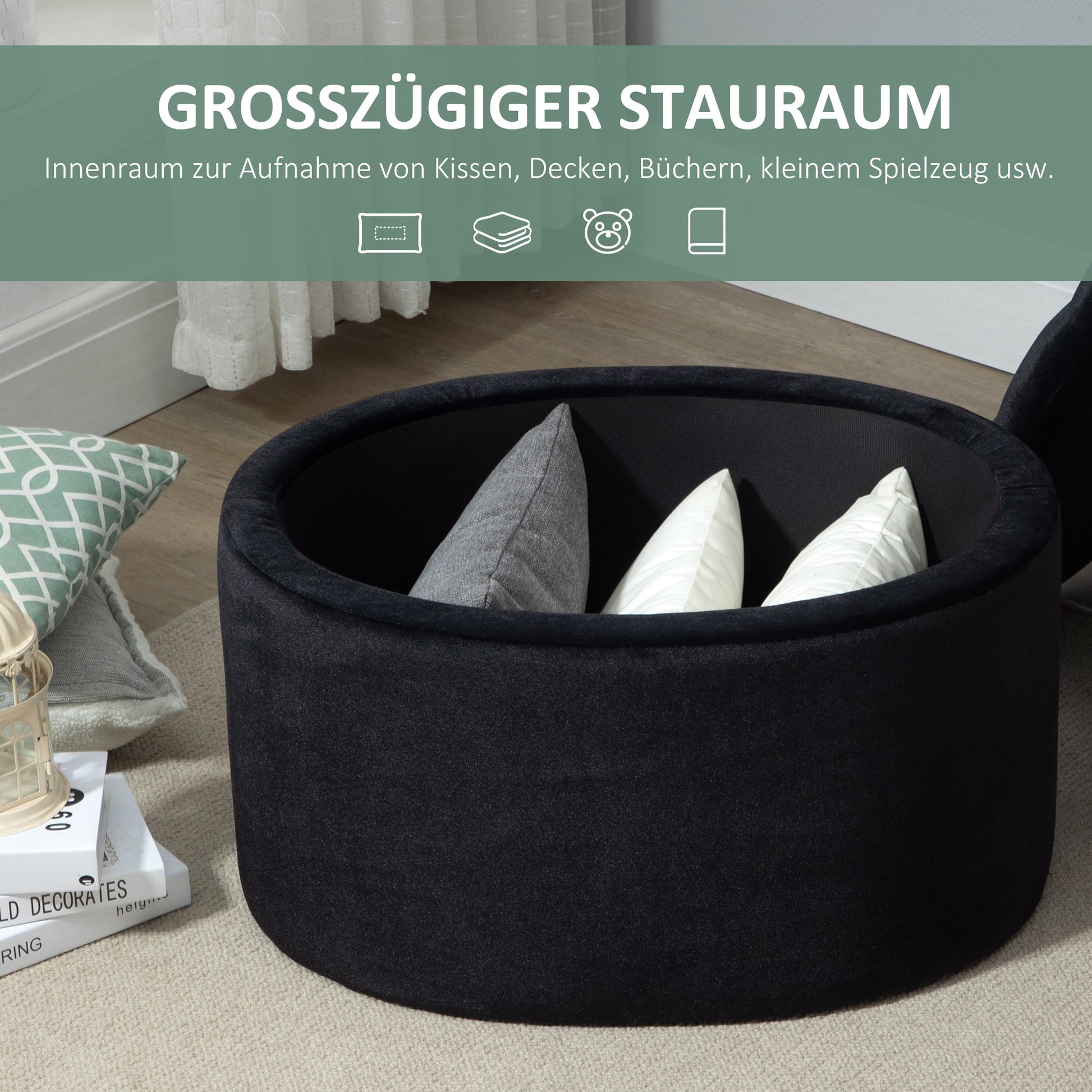 Storage Ottoman Bench with Velvet Upholstery, Oval Shape, Storage Chest for Living Room Bedroom Entryway 71 x 52 x 42 cm, Black