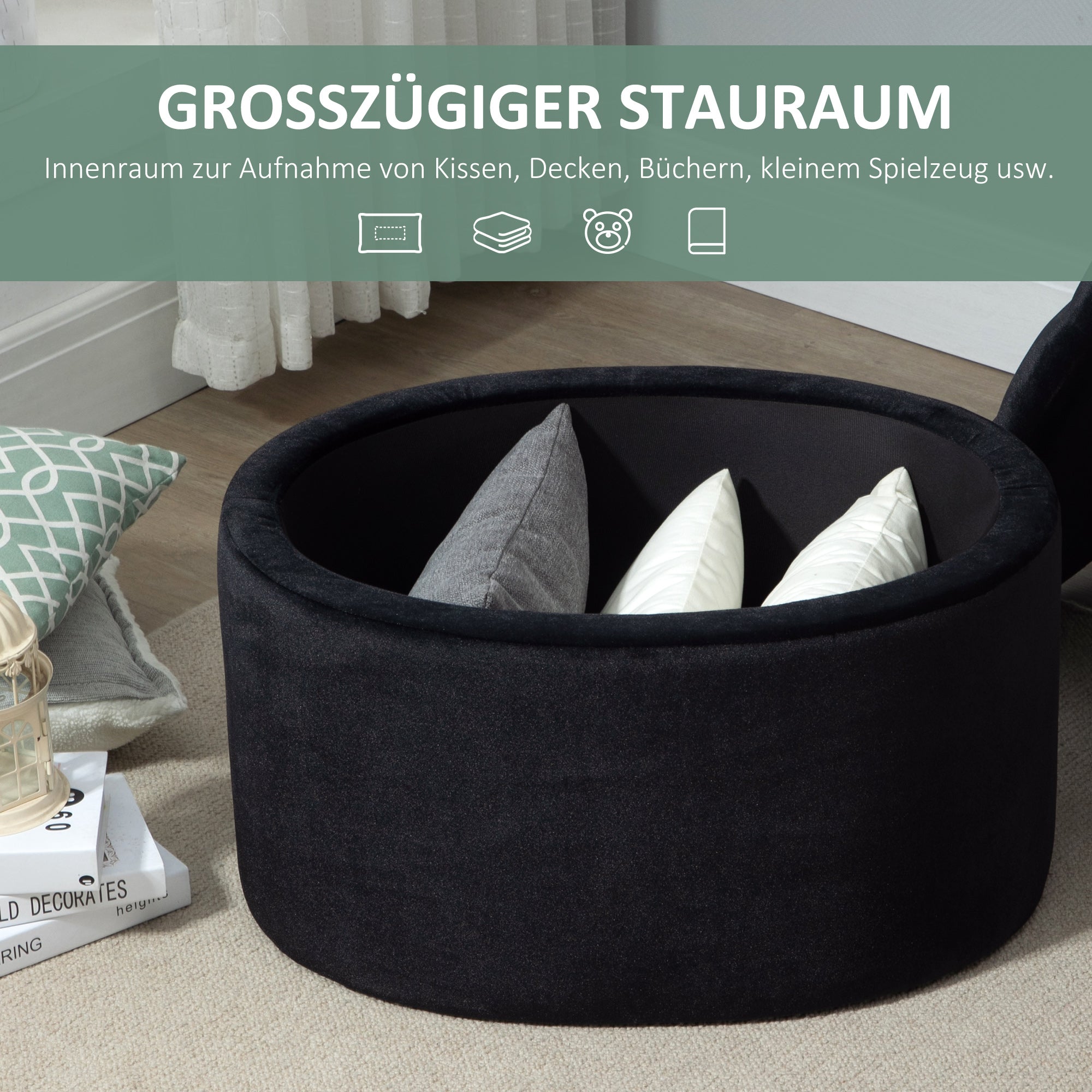 Storage Ottoman Bench with Velvet Upholstery, Oval Shape, Storage Chest for Living Room Bedroom Entryway 71 x 52 x 42 cm, Black