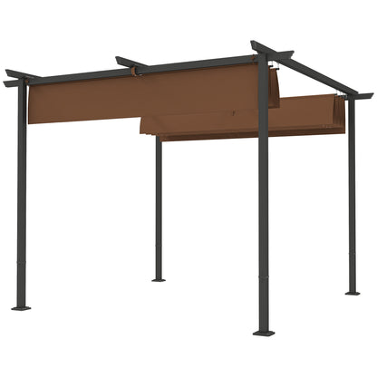 Outdoor Garden Pergola 3 x 3m Retractable Sliding Canopy, High Density 180g/m² Polyester Garden Gazebo, UPF30+ Sun Shelter, for Terrace, Patio, Backyard, Brown