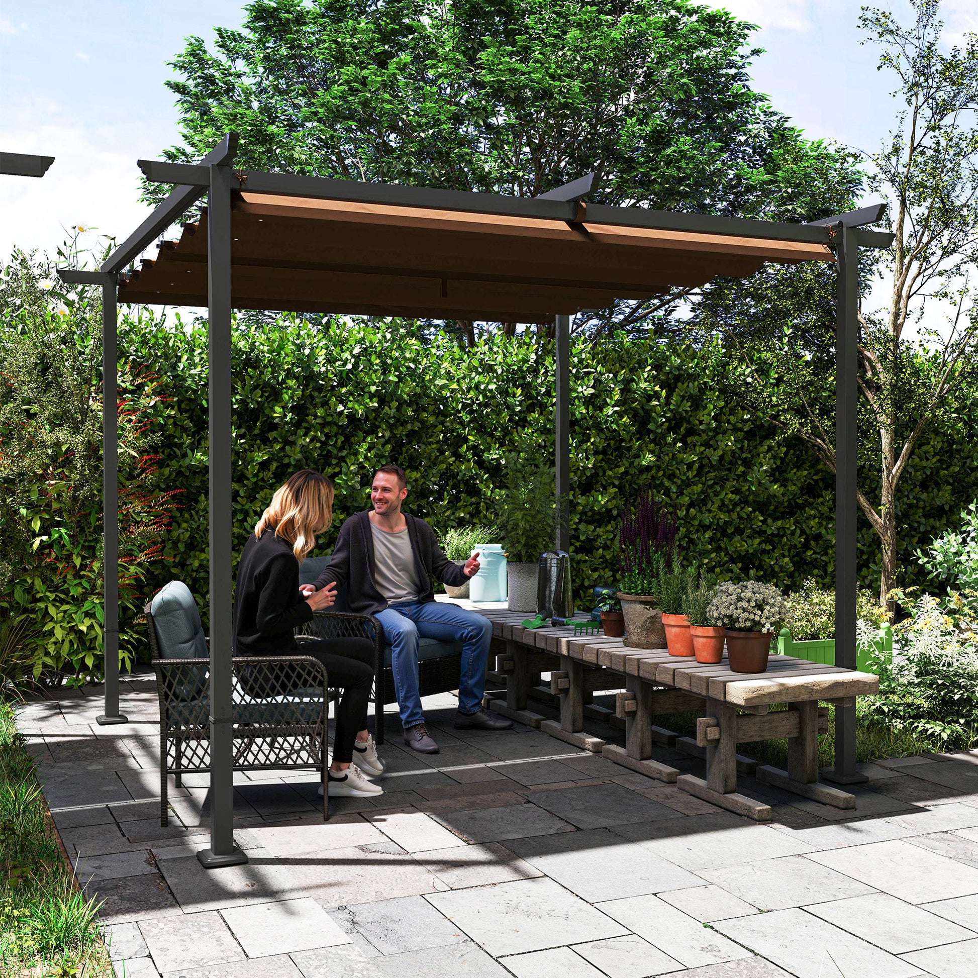 Outdoor Garden Pergola 3 x 3m Retractable Sliding Canopy, High Density 180g/m² Polyester Garden Gazebo, UPF30+ Sun Shelter, for Terrace, Patio, Backyard, Brown
