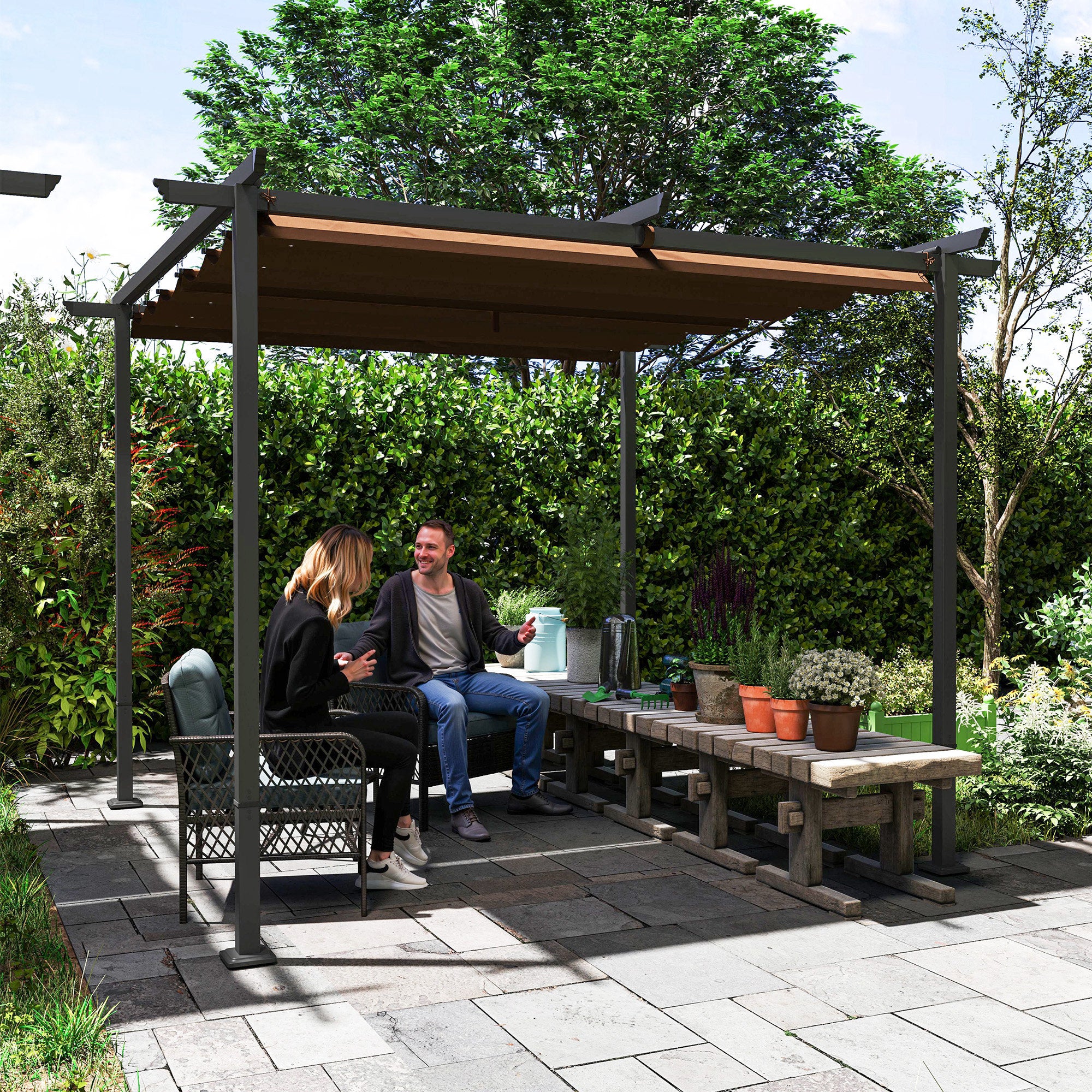 Outdoor Garden Pergola 3 x 3m Retractable Sliding Canopy, High Density 180g/m² Polyester Garden Gazebo, UPF30+ Sun Shelter, for Terrace, Patio, Backyard, Brown