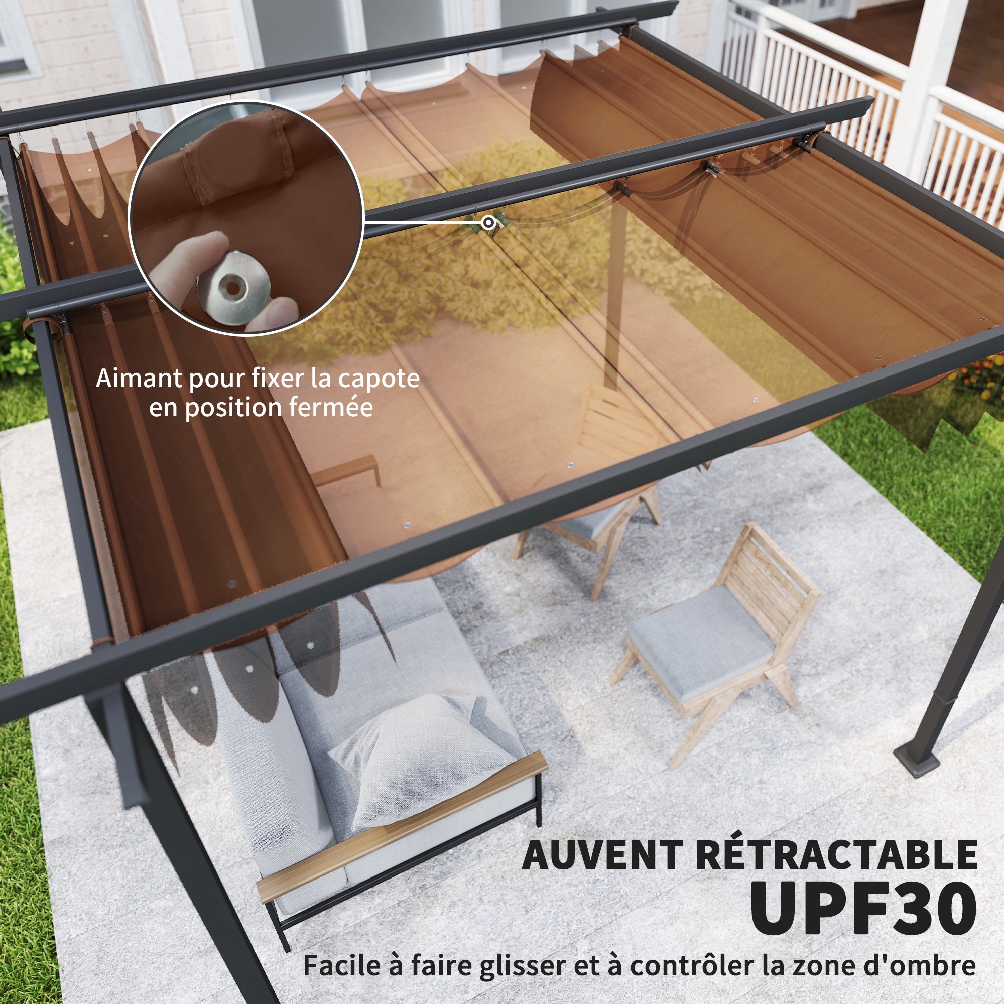 Outdoor Garden Pergola 3 x 3m Retractable Sliding Canopy, High Density 180g/m² Polyester Garden Gazebo, UPF30+ Sun Shelter, for Terrace, Patio, Backyard, Brown