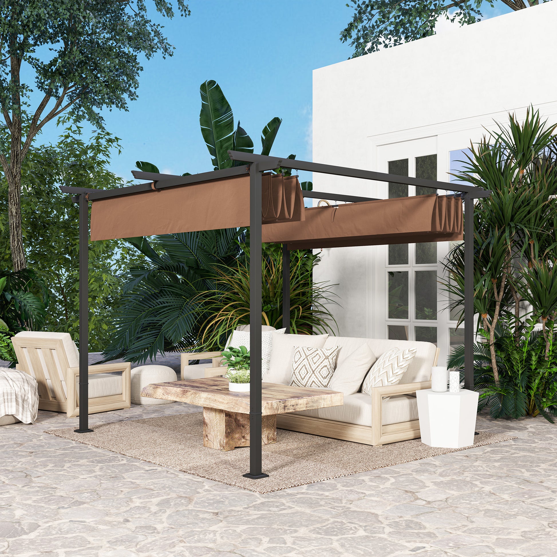 Outdoor Garden Pergola 3 x 3m Retractable Sliding Canopy, High Density 180g/m² Polyester Garden Gazebo, UPF30+ Sun Shelter, for Terrace, Patio, Backyard, Brown