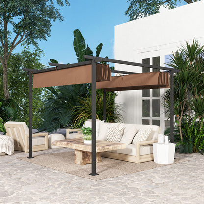 Outdoor Garden Pergola 3 x 3m Retractable Sliding Canopy, High Density 180g/m² Polyester Garden Gazebo, UPF30+ Sun Shelter, for Terrace, Patio, Backyard, Brown
