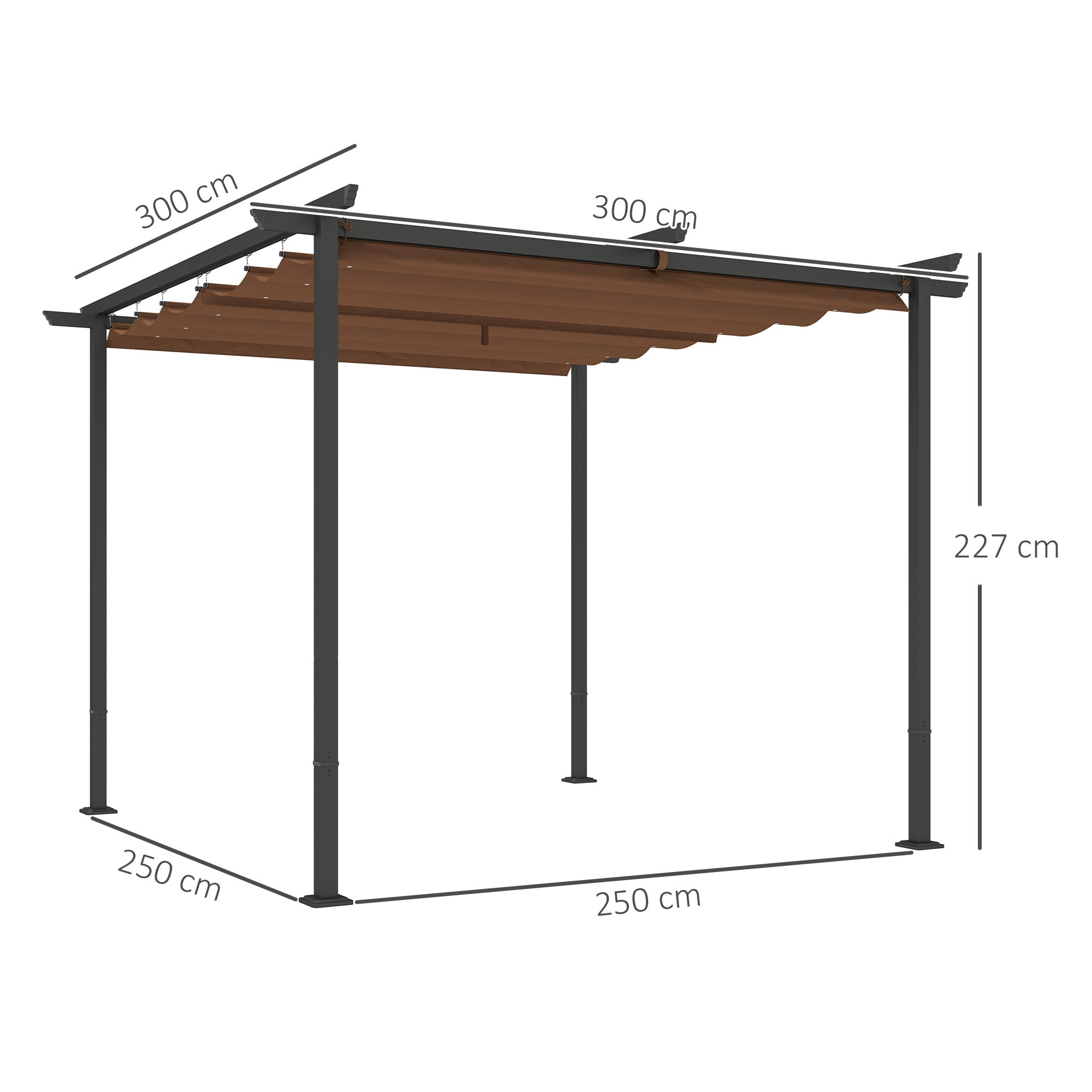 Outdoor Garden Pergola 3 x 3m Retractable Sliding Canopy, High Density 180g/m² Polyester Garden Gazebo, UPF30+ Sun Shelter, for Terrace, Patio, Backyard, Brown