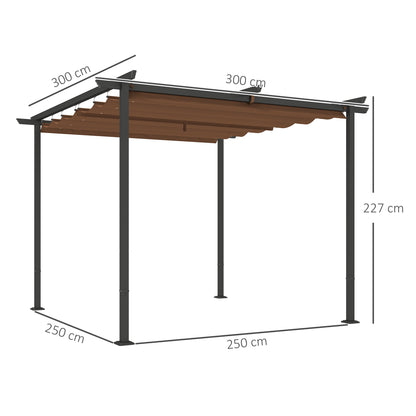 Outdoor Garden Pergola 3 x 3m Retractable Sliding Canopy, High Density 180g/m² Polyester Garden Gazebo, UPF30+ Sun Shelter, for Terrace, Patio, Backyard, Brown