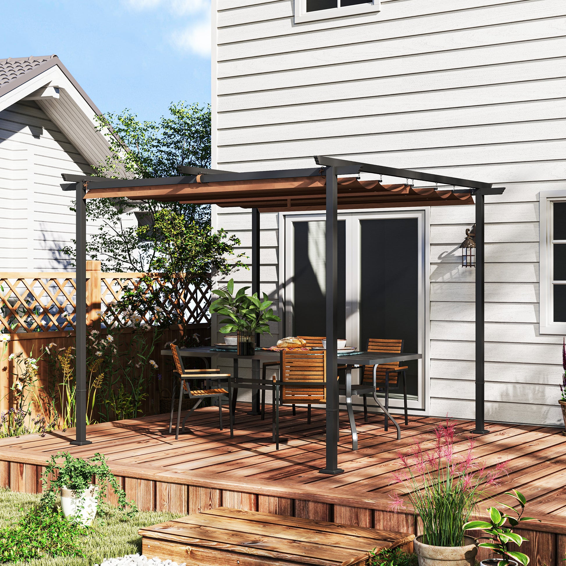 Outdoor Garden Pergola 3 x 3m Retractable Sliding Canopy, High Density 180g/m² Polyester Garden Gazebo, UPF30+ Sun Shelter, for Terrace, Patio, Backyard, Brown