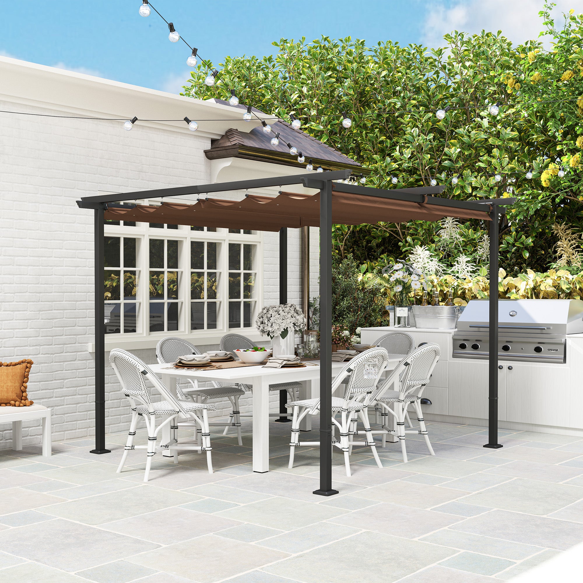 Outdoor Garden Pergola 3 x 3m Retractable Sliding Canopy, High Density 180g/m² Polyester Garden Gazebo, UPF30+ Sun Shelter, for Terrace, Patio, Backyard, Brown