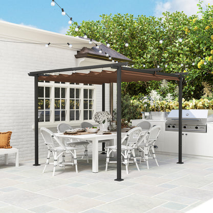 Outdoor Garden Pergola 3 x 3m Retractable Sliding Canopy, High Density 180g/m² Polyester Garden Gazebo, UPF30+ Sun Shelter, for Terrace, Patio, Backyard, Brown