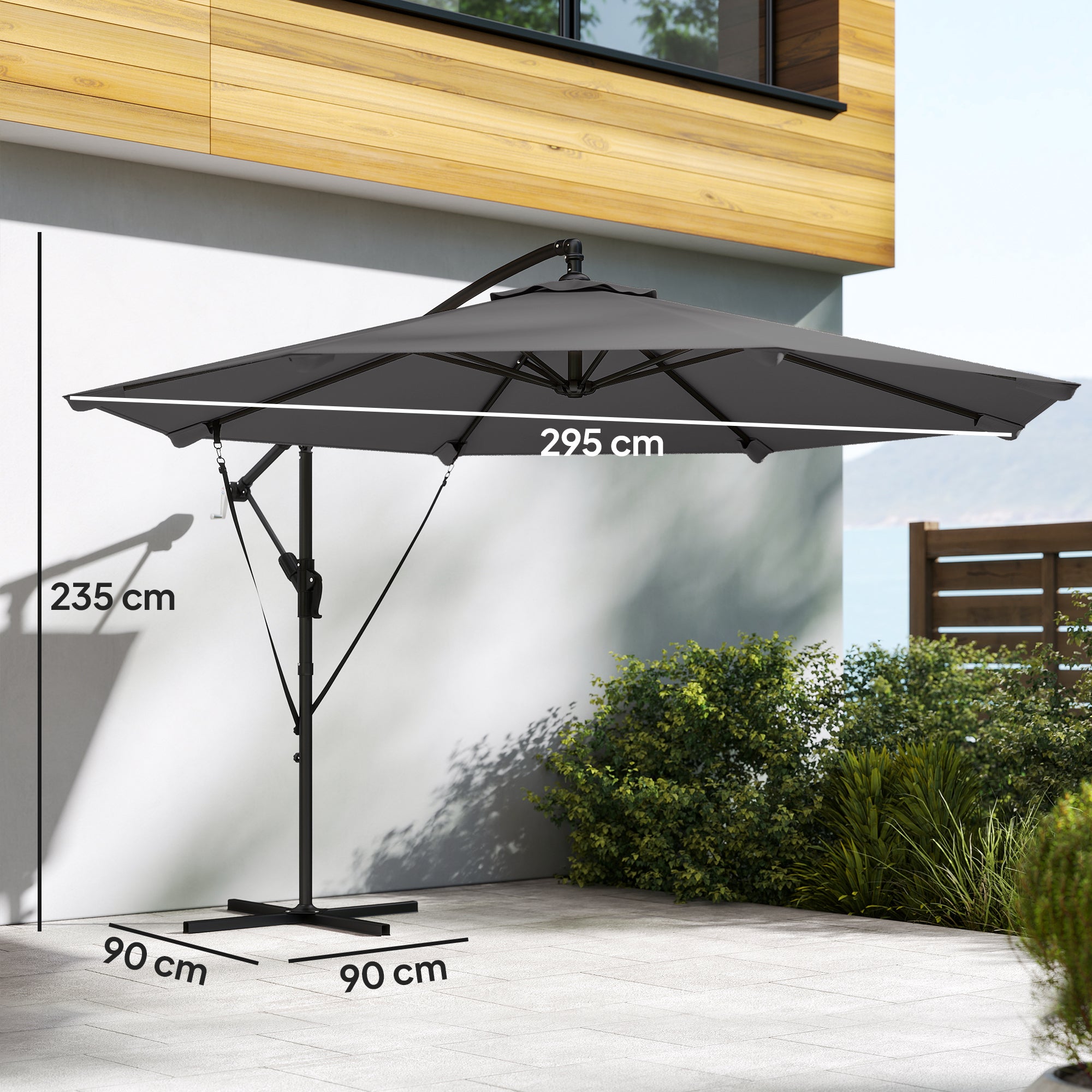 Offset Umbrella, Ø2.95 m (9.7 ft), Garden Parasol with Cross Base, Crank, Protective Cover and Wind Ropes, UPF30+, for Patio, Dark Gray