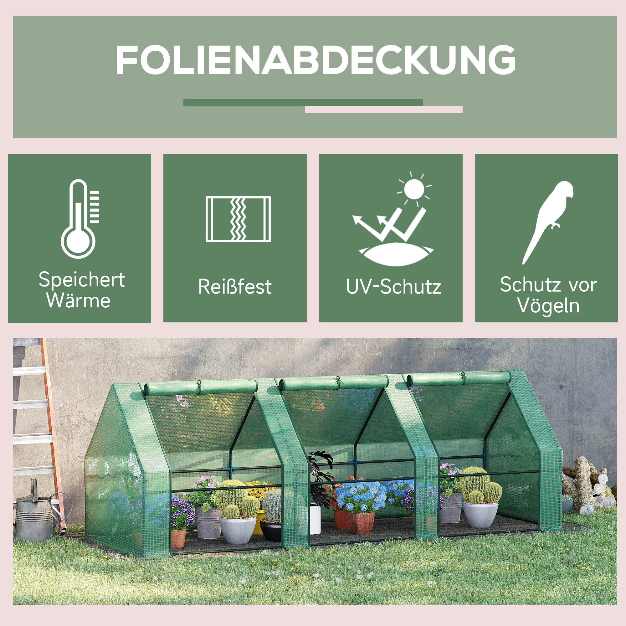 Greenhouse with 3 Roll-Up Windows, PE Grid Film, Steel Frame Greenhouse, Balcony Greenhouse, Garden Greenhouse, 270x90x90cm Tomato Greenhouse for Vegetables, Flowers, Plants, Green