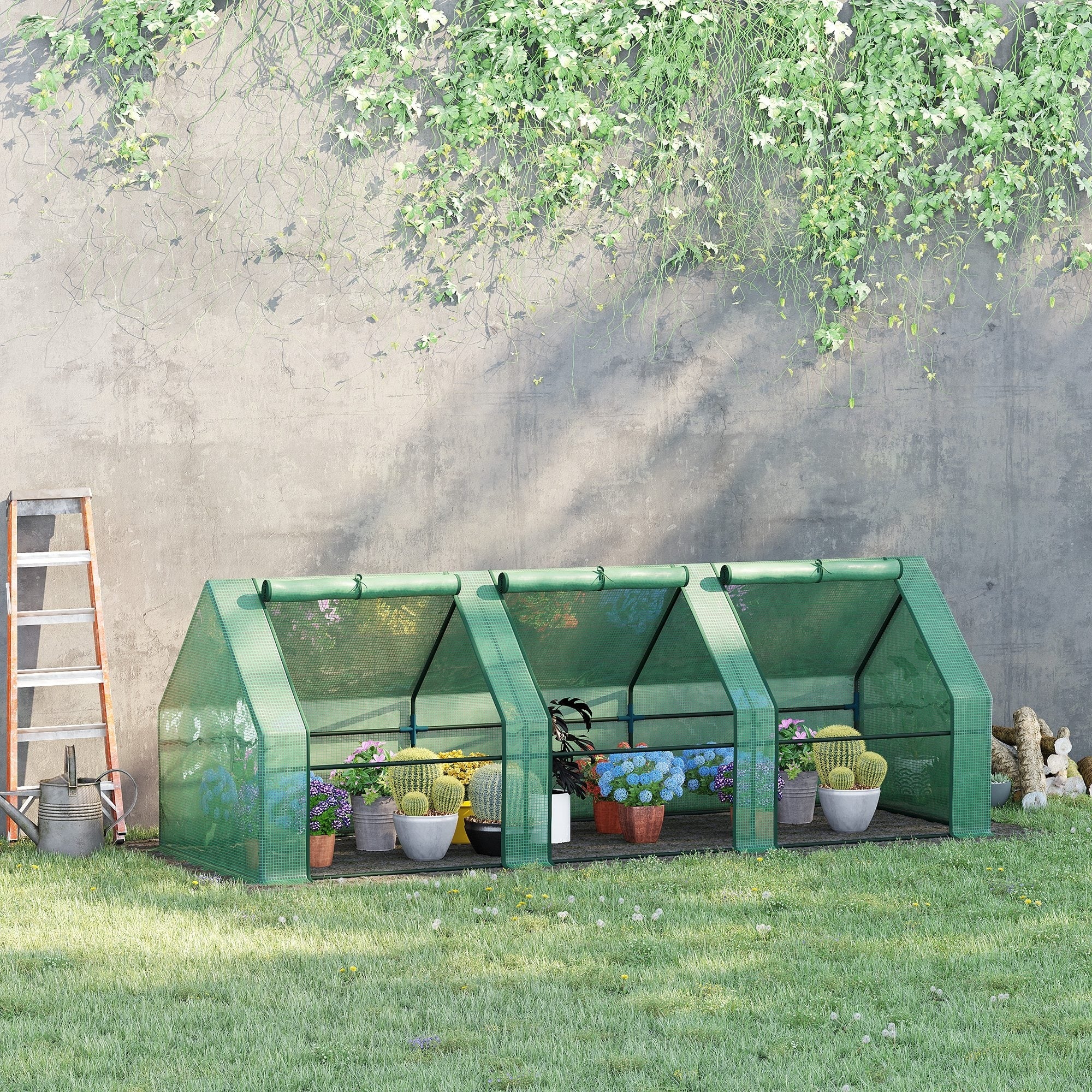 Greenhouse with 3 Roll-Up Windows, PE Grid Film, Steel Frame Greenhouse, Balcony Greenhouse, Garden Greenhouse, 270x90x90cm Tomato Greenhouse for Vegetables, Flowers, Plants, Green