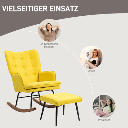 Schaukelstuhl Schwingsessel mit Hocker, Armlehnsessel, Sessel mit Leinenoptik, Schaukelsessel bis 130 kg Belastbarkeit für Schlafzimmer, Wohnzimmer, Gelb