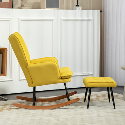 Schaukelstuhl Schwingsessel mit Hocker, Armlehnsessel, Sessel mit Leinenoptik, Schaukelsessel bis 130 kg Belastbarkeit für Schlafzimmer, Wohnzimmer, Gelb