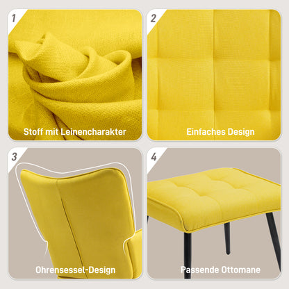 Schaukelstuhl Schwingsessel mit Hocker, Armlehnsessel, Sessel mit Leinenoptik, Schaukelsessel bis 130 kg Belastbarkeit für Schlafzimmer, Wohnzimmer, Gelb