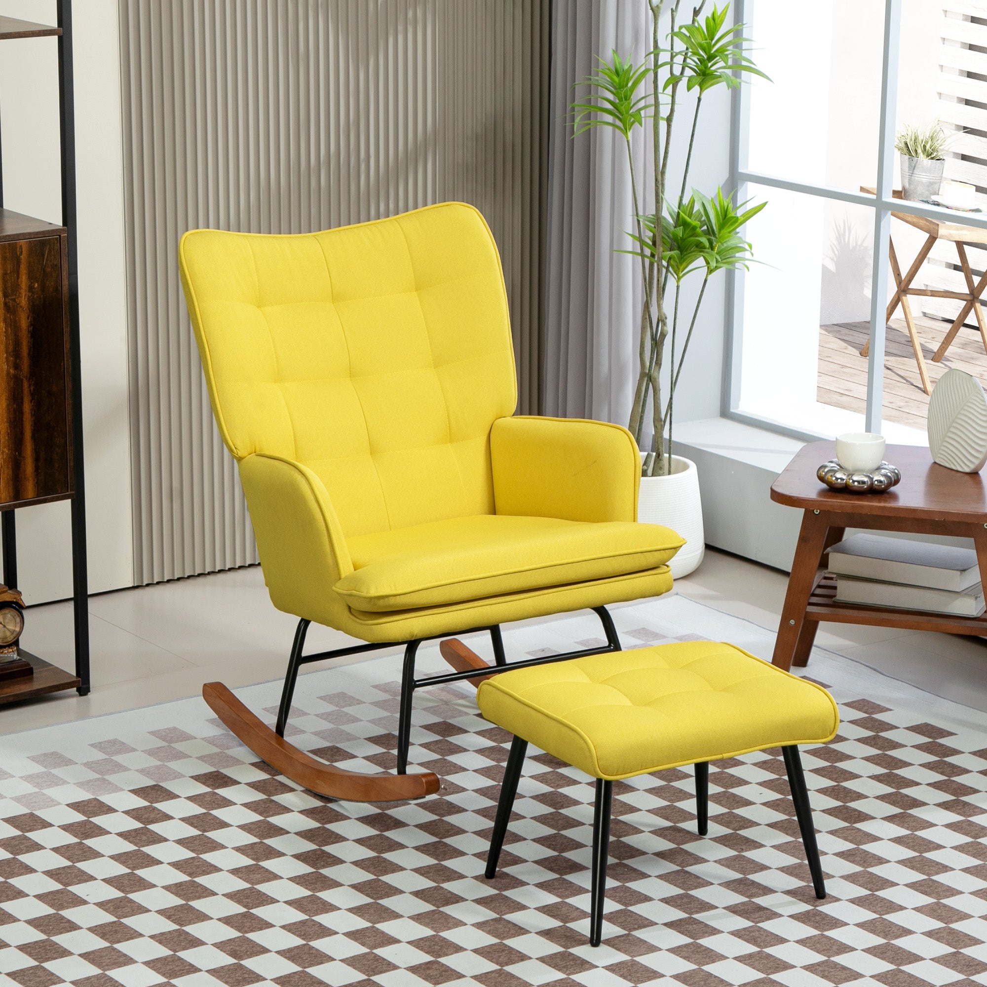 Rocking Chair Rocking Chair with Footstool, Armchair, Nursing Chair with Linen Look, Rocking Chair up to 130 kg Load Capacity for Bedroom, Living Room, Yellow