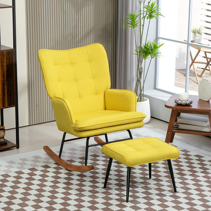 Schaukelstuhl Schwingsessel mit Hocker, Armlehnsessel, Sessel mit Leinenoptik, Schaukelsessel bis 130 kg Belastbarkeit für Schlafzimmer, Wohnzimmer, Gelb