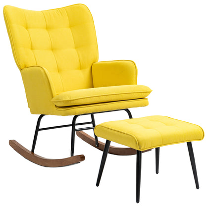 Schaukelstuhl Schwingsessel mit Hocker, Armlehnsessel, Sessel mit Leinenoptik, Schaukelsessel bis 130 kg Belastbarkeit für Schlafzimmer, Wohnzimmer, Gelb