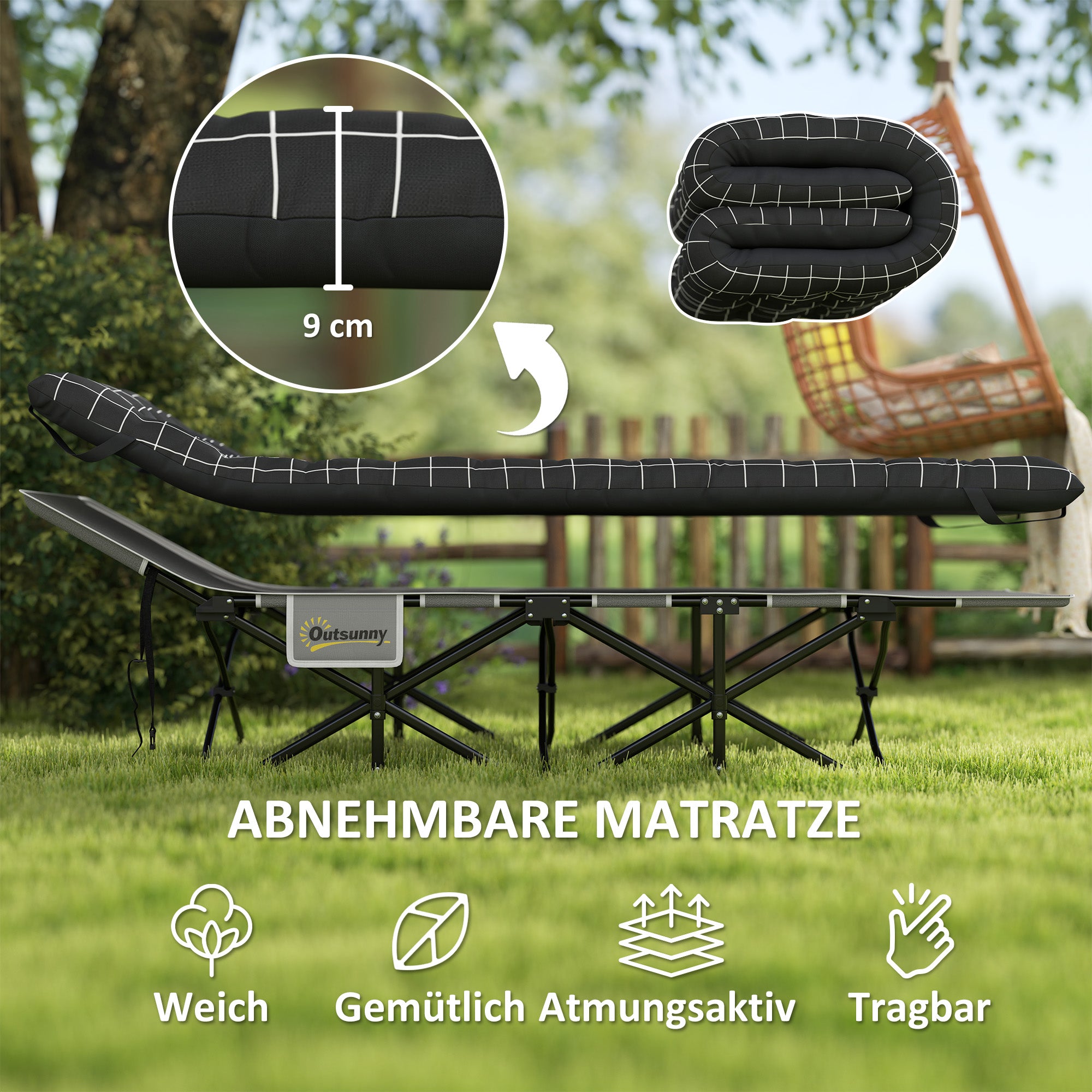Folding Camp Bed with Mattress Carry Bag 190 x 67 x 37 cm Guest Bed up to 150 kg Camp Bed for Adults Folding Bed for Indoor, Outdoor, Garden Camping Travel Black