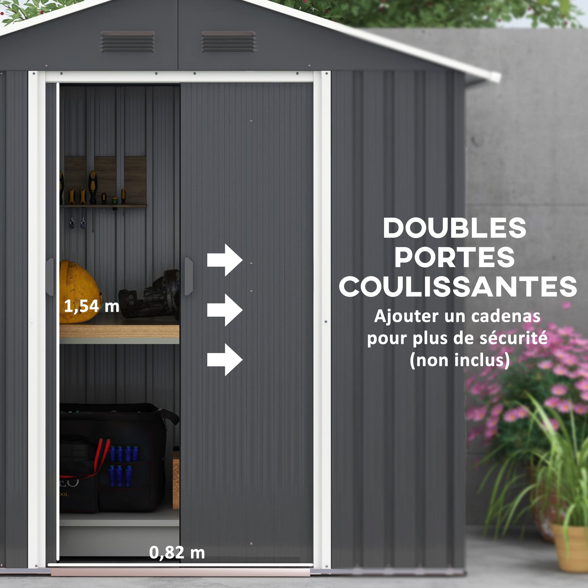 Metal Garden Shed 1.8 m², Metal Tool Shed, 194 x 110 x 184 cm, Large Outdoor Storage Space with Sliding Doors and 4 Vents, Dark Gray