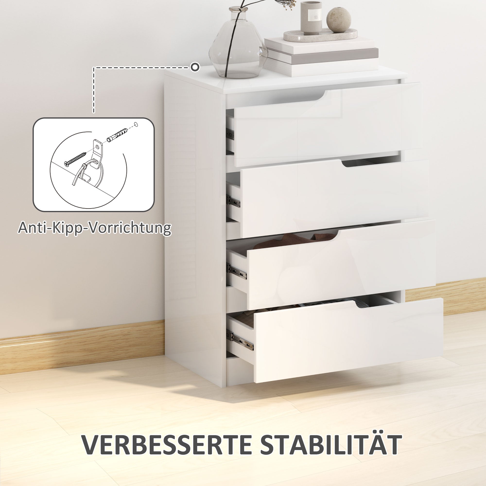 Chest of Drawers Side Cabinet with 4 Drawers, Dresser for Living Room, Bedroom, High Gloss White 60 x 40 x 85cm