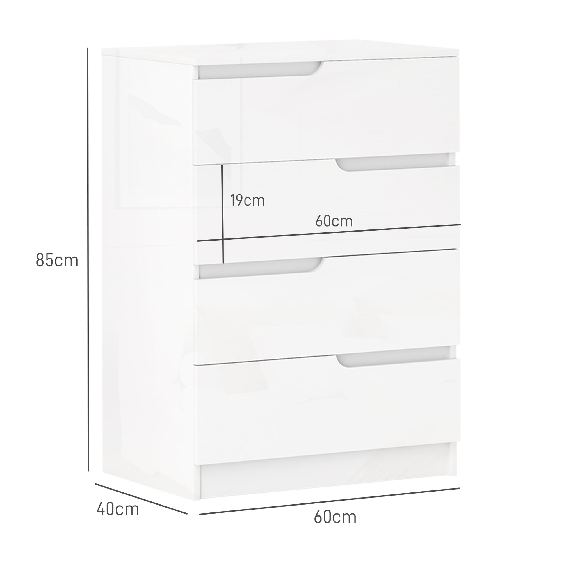 Chest of Drawers Side Cabinet with 4 Drawers, Dresser for Living Room, Bedroom, High Gloss White 60 x 40 x 85cm