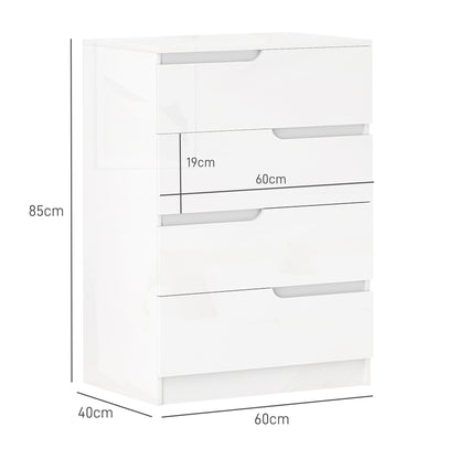 Chest of Drawers Side Cabinet with 4 Drawers, Dresser for Living Room, Bedroom, High Gloss White 60 x 40 x 85cm