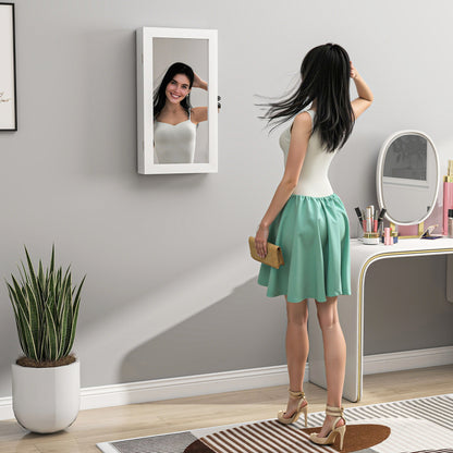 Wall Mounted Jewelry Mirror Cabinet with Lock and Multiple Compartments for Earring Necklace Ring Bracelet White and Cream Lining