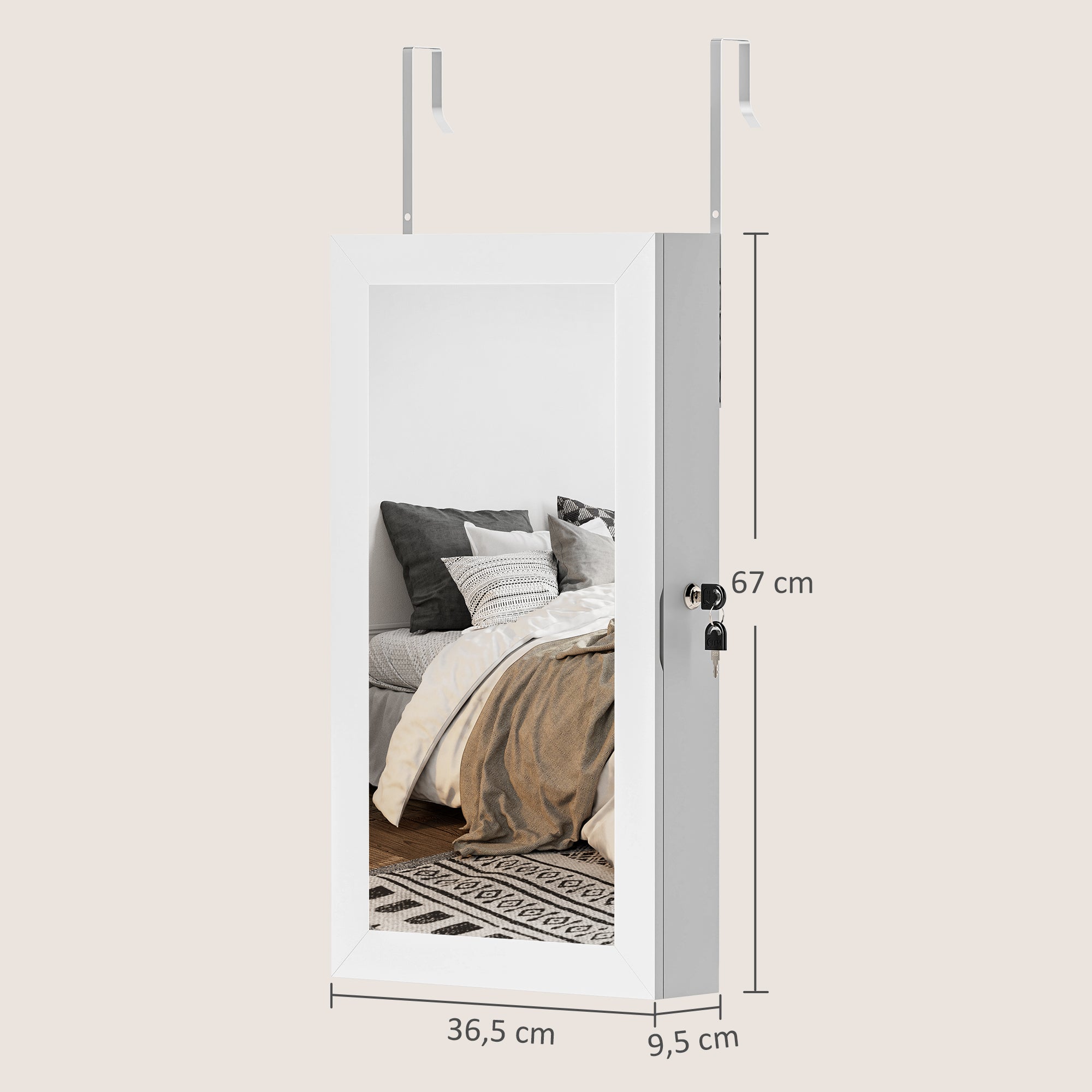 Wall Mounted Jewelry Mirror Cabinet with Lock and Multiple Compartments for Earring Necklace Ring Bracelet White and Cream Lining