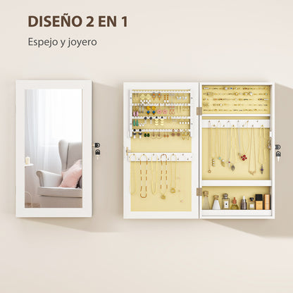 Wall Mounted Jewelry Mirror Cabinet with Lock and Multiple Compartments for Earring Necklace Ring Bracelet White and Cream Lining