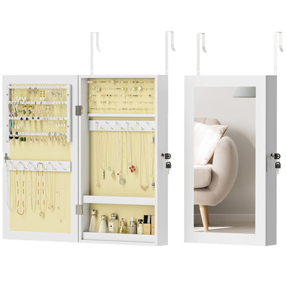 Wall Mounted Jewelry Mirror Cabinet with Lock and Multiple Compartments for Earring Necklace Ring Bracelet White and Cream Lining