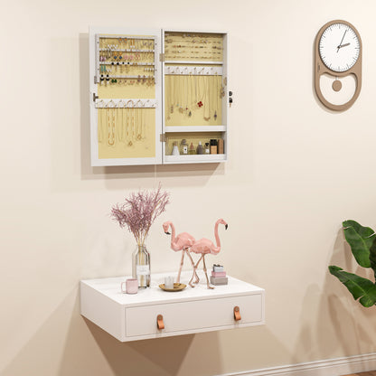 Wall Mounted Jewelry Mirror Cabinet with Lock and Multiple Compartments for Earring Necklace Ring Bracelet White and Cream Lining