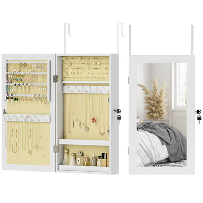 Wall Mounted Jewelry Mirror Cabinet with Lock and Multiple Compartments for Earring Necklace Ring Bracelet White and Cream Lining