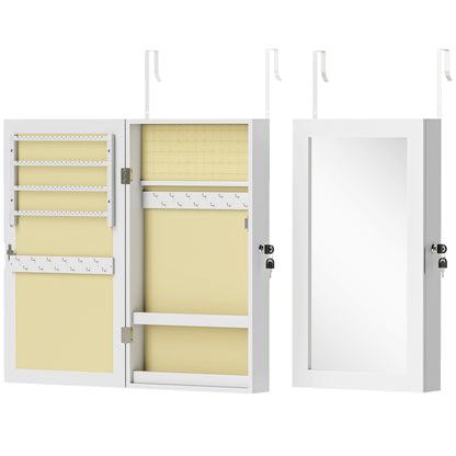 Wall Mounted Jewelry Mirror Cabinet with Lock and Multiple Compartments for Earring Necklace Ring Bracelet White and Cream Lining