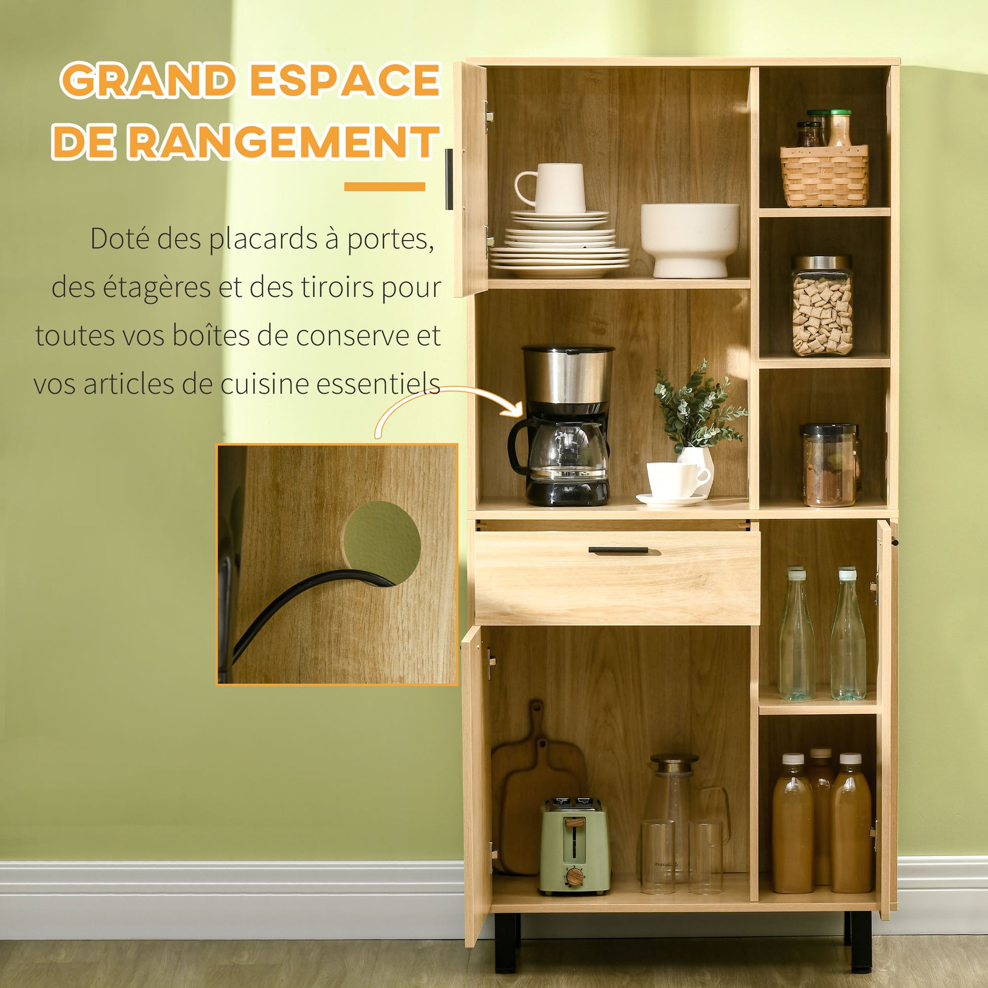 Kitchen Buffet Kitchen Cabinet with Multi-Storage, 1 Drawer, 3 Cupboards, 4 Shelves, and Cable Management Hole 166 cm Height