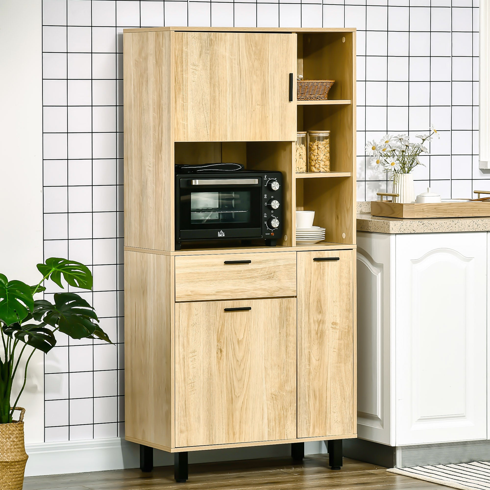 Kitchen Buffet Kitchen Cabinet with Multi-Storage, 1 Drawer, 3 Cupboards, 4 Shelves, and Cable Management Hole 166 cm Height