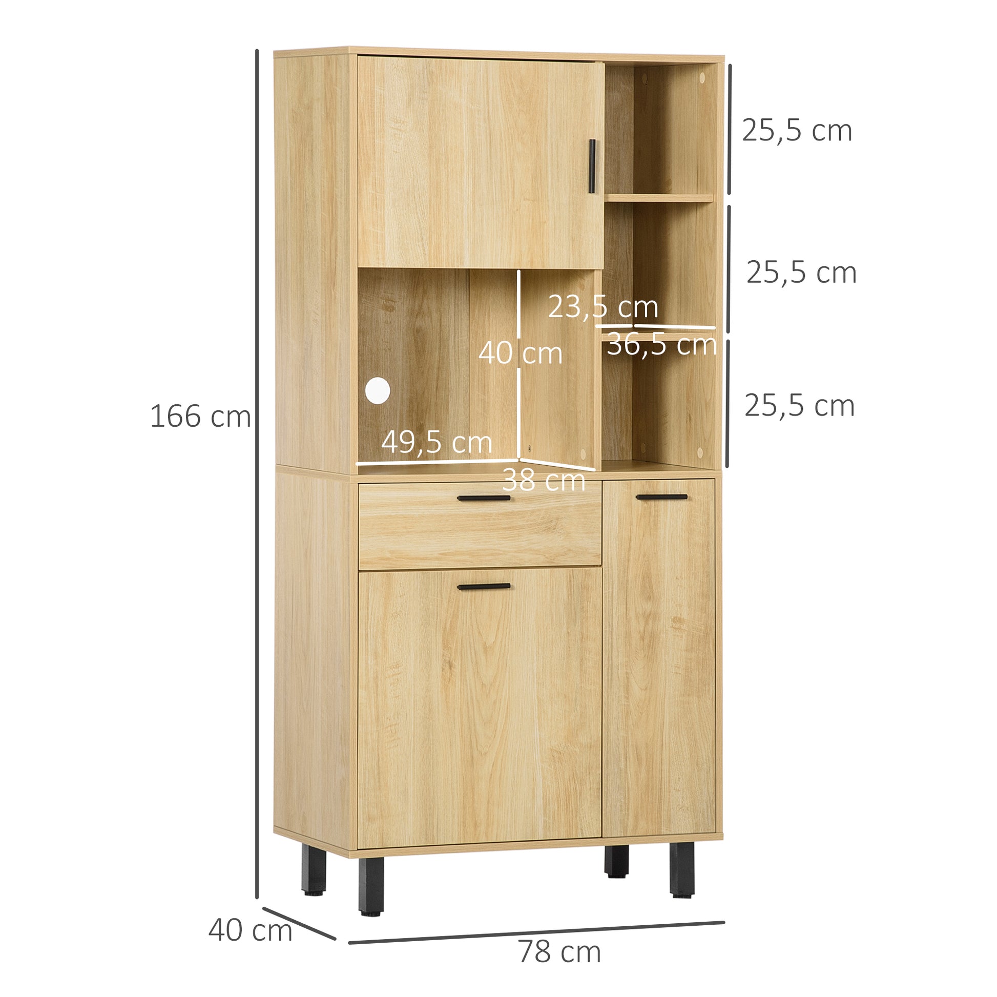 Kitchen Buffet Kitchen Cabinet with Multi-Storage, 1 Drawer, 3 Cupboards, 4 Shelves, and Cable Management Hole 166 cm Height