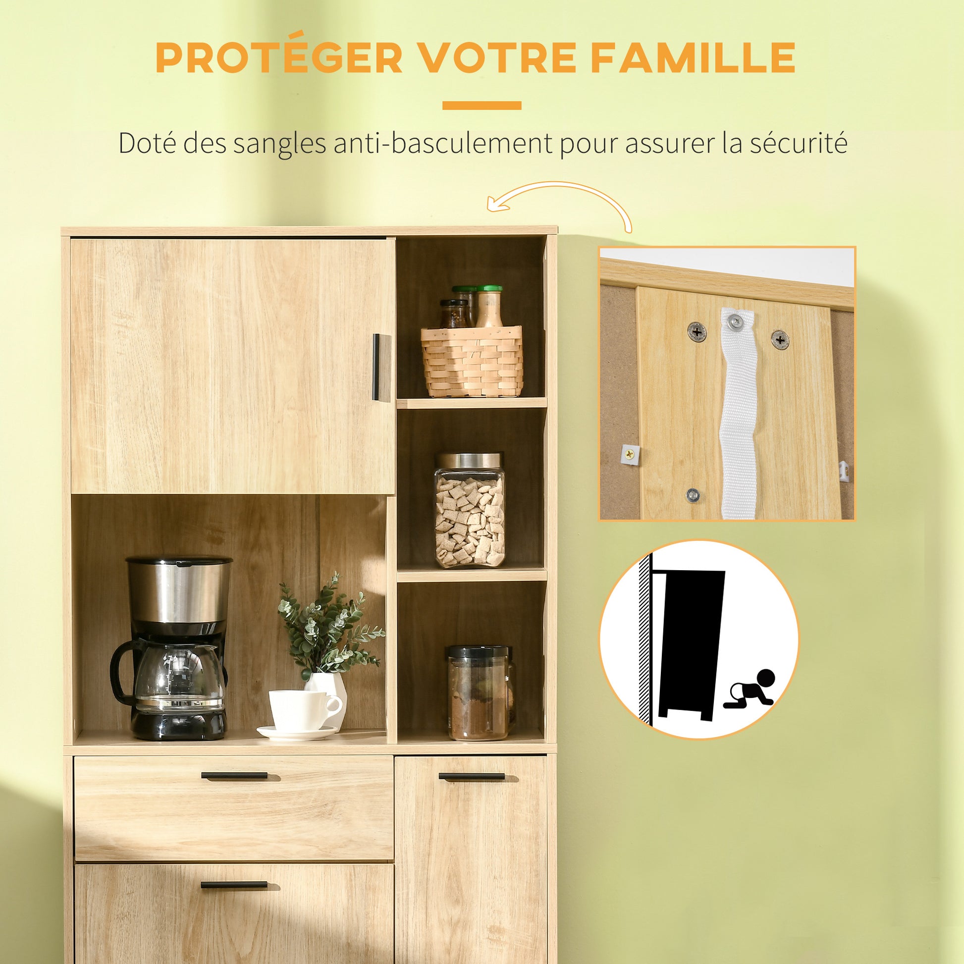 Kitchen Buffet Kitchen Cabinet with Multi-Storage, 1 Drawer, 3 Cupboards, 4 Shelves, and Cable Management Hole 166 cm Height