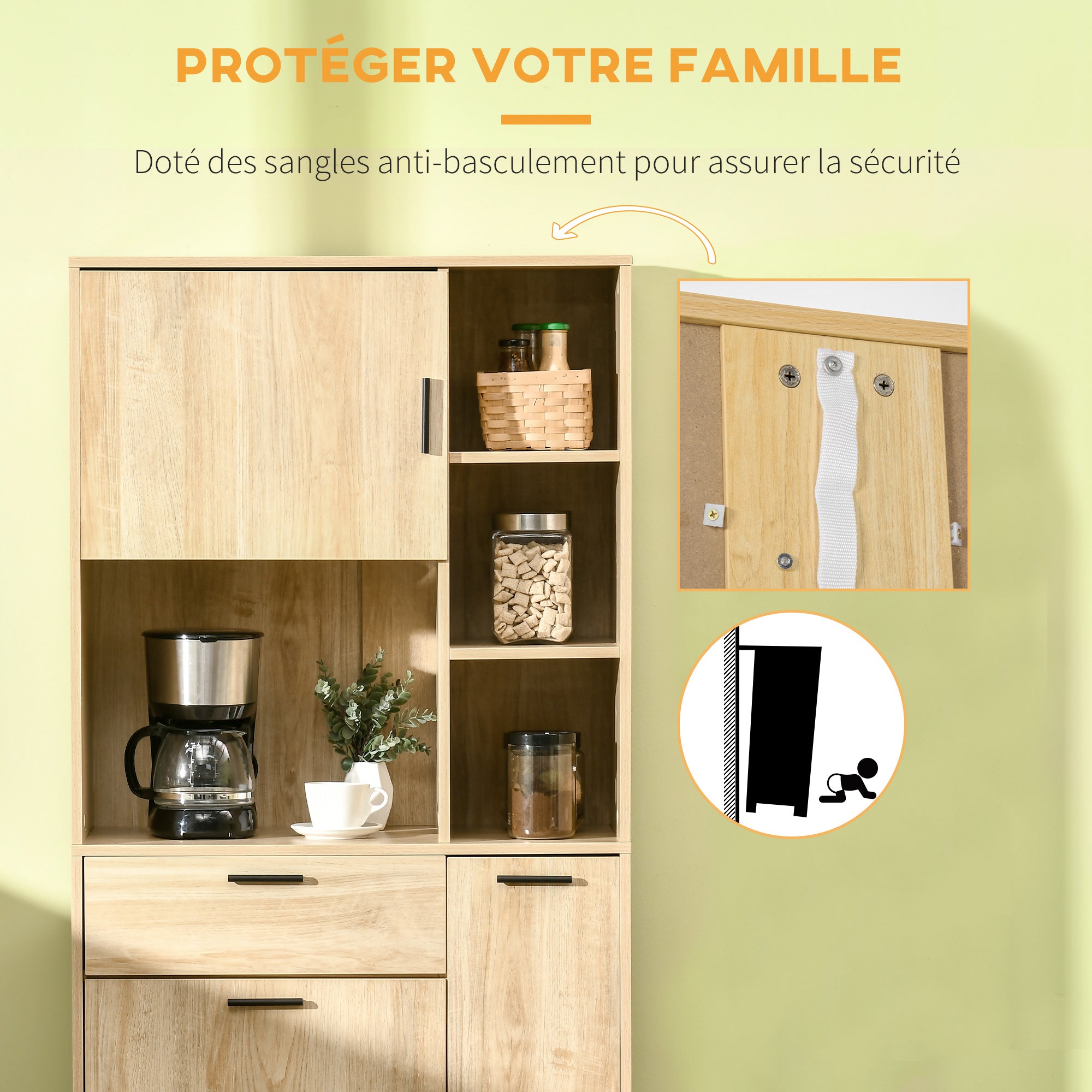 Kitchen Buffet Kitchen Cabinet with Multi-Storage, 1 Drawer, 3 Cupboards, 4 Shelves, and Cable Management Hole 166 cm Height