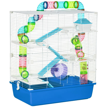 5-Level Hamster Cage with Tubes, House, Water Tank, Ramps, Bowl, Platforms, and Wheel, Rodent Cage with 2 Steel Handles, PP and PS, 59x36x69 cm, Blue