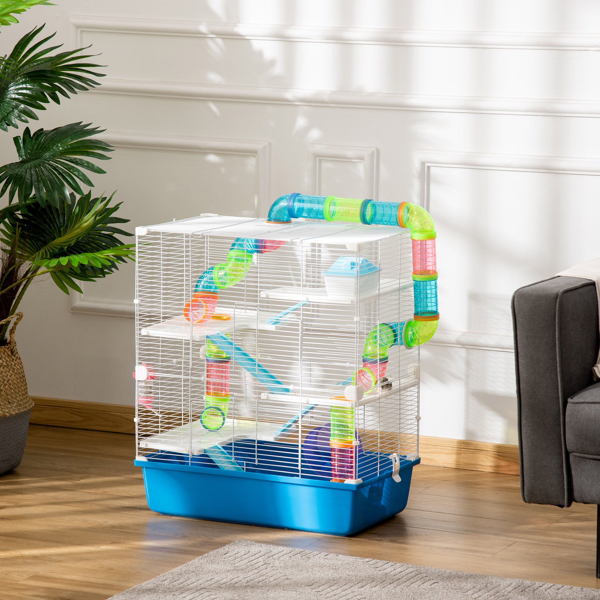 5-Level Hamster Cage with Tubes, House, Water Tank, Ramps, Bowl, Platforms, and Wheel, Rodent Cage with 2 Steel Handles, PP and PS, 59x36x69 cm, Blue