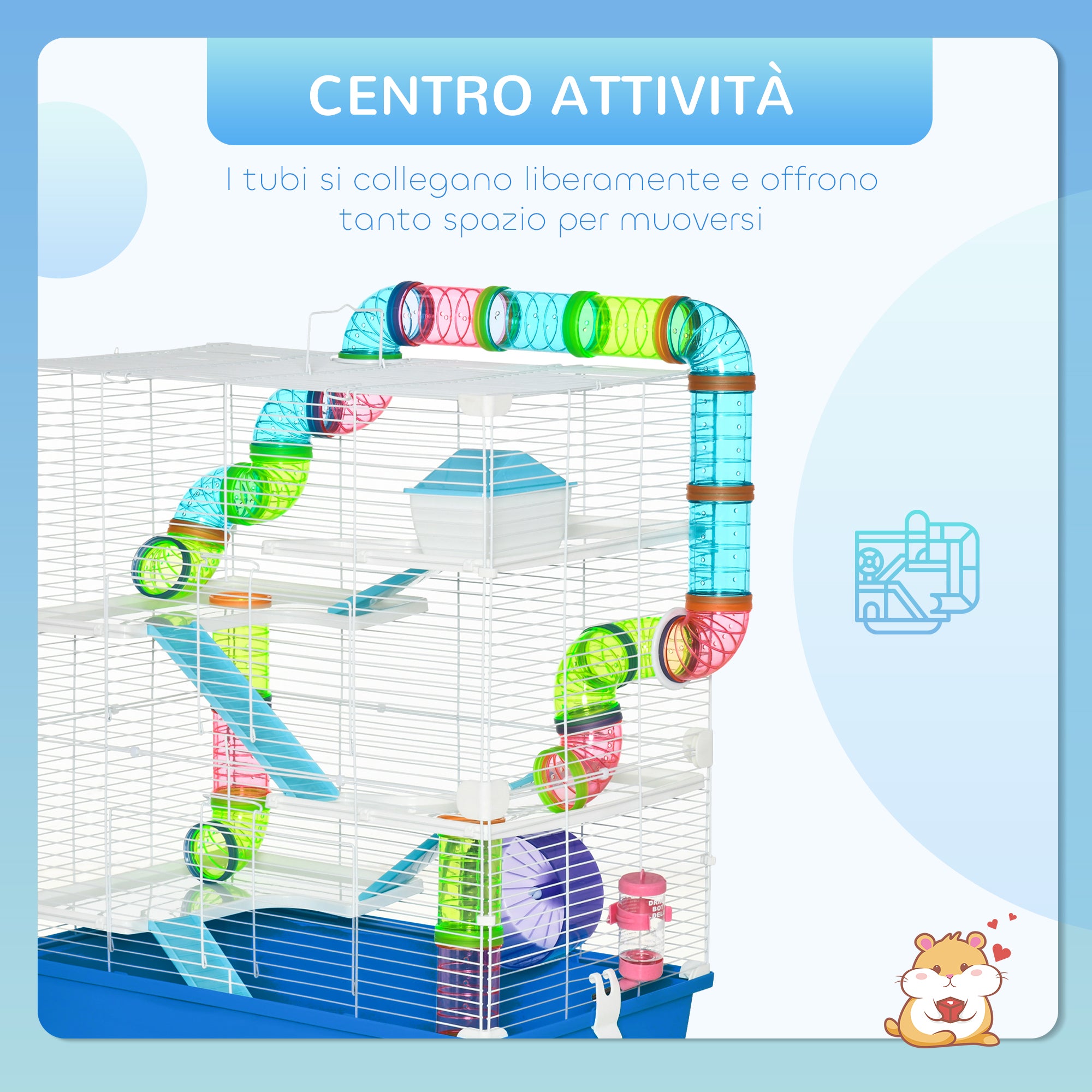 5-Level Hamster Cage with Tubes, House, Water Tank, Ramps, Bowl, Platforms, and Wheel, Rodent Cage with 2 Steel Handles, PP and PS, 59x36x69 cm, Blue